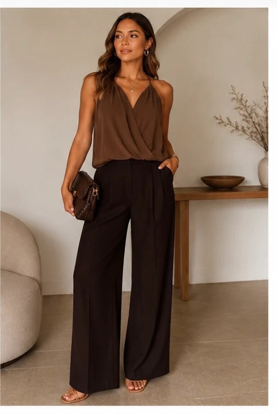 Boutique Brown Draped Tank Top Halter Flowy Sleeveless Blouse Size L
